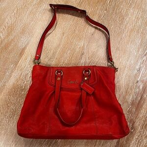 Coach Ashley Leather Shoulder Bag in Coral with Gold Toned Hardware